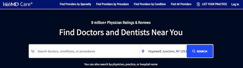 WebMD Care webpage for finding doctors and dentists, featuring a search bar to enter a location and search criteria, such as specialties and conditions, with the option to list a practice. The location shown is Hopewell Junction, NY.