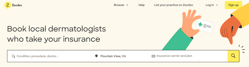 A banner for Zocdoc features an illustration of two hands exchanging a medical card. Text reads, "Book local dermatologists who take your insurance." Below is a search bar with fields for condition, location, and insurance plan.